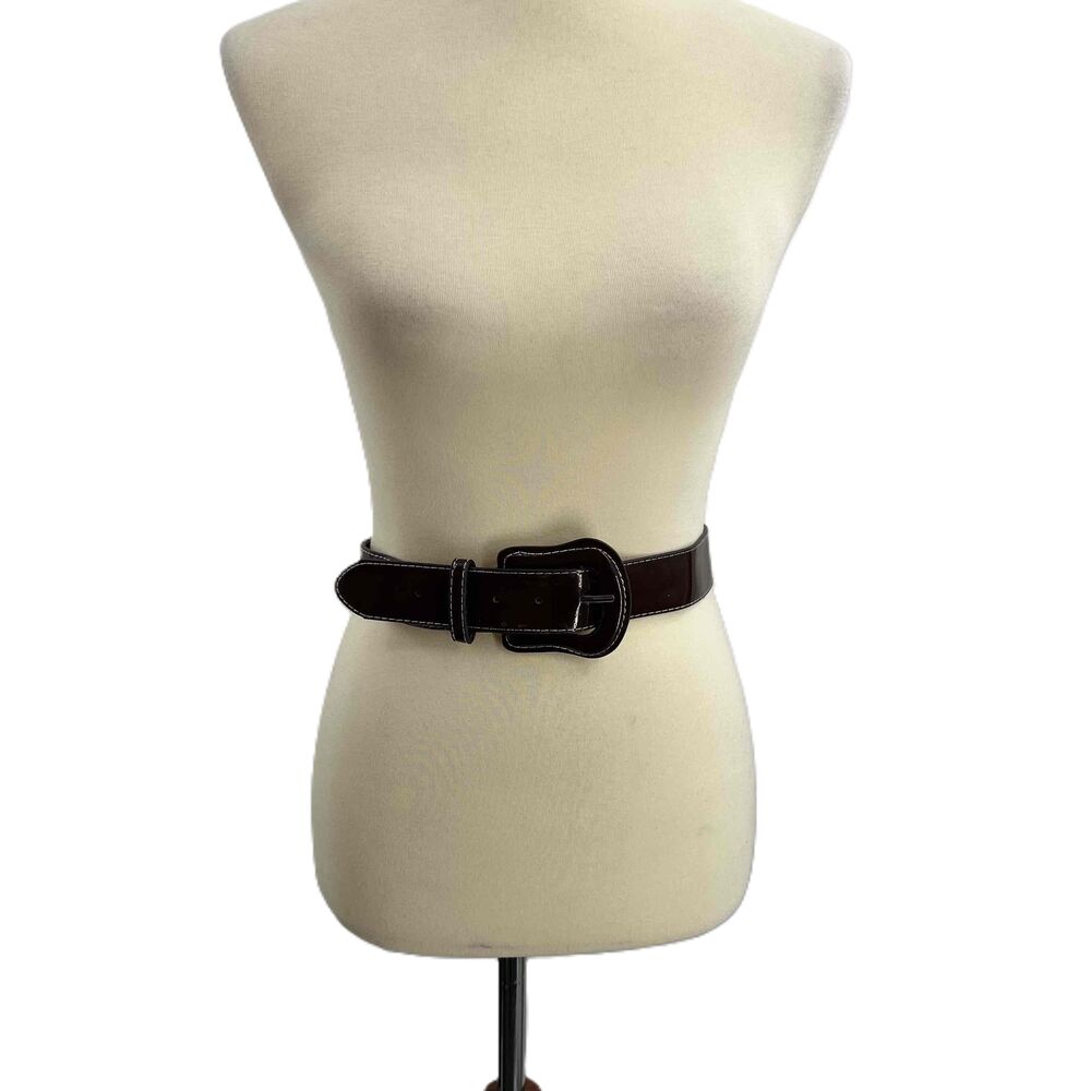 Alice + Olivia Brown Large Buckle White Stitching Glossy Belt Womens Medium